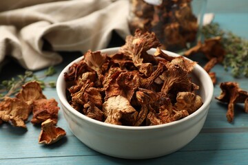 Dried chanterelle mushrooms on blue wooden table, closeup