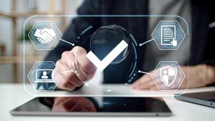 Compliance Check Magnifying Glass Inspecting Digital Tick Mark, Ensuring Agreement Security - Powered by Adobe