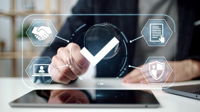 Compliance Check Magnifying Glass Inspecting Digital Tick Mark, Ensuring Agreement Security - Powered by Adobe