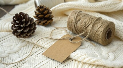 Cozy winter scene with pinecones twine and knitted fabric