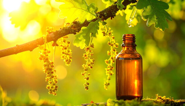 Oak Floral de Bach, Frasco de vidro &acirc;mbar em uma galho da &aacute;rvore Quercus robur, Flores e Folhas Oak, Florais de Bach, terapia floral, flower remedy Bach