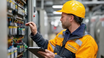 Safety Check: An industrial electrician in a hard hat meticulously examines an electrical panel, ensuring precision in a high-tech environment. A scene of expertise and dedication.