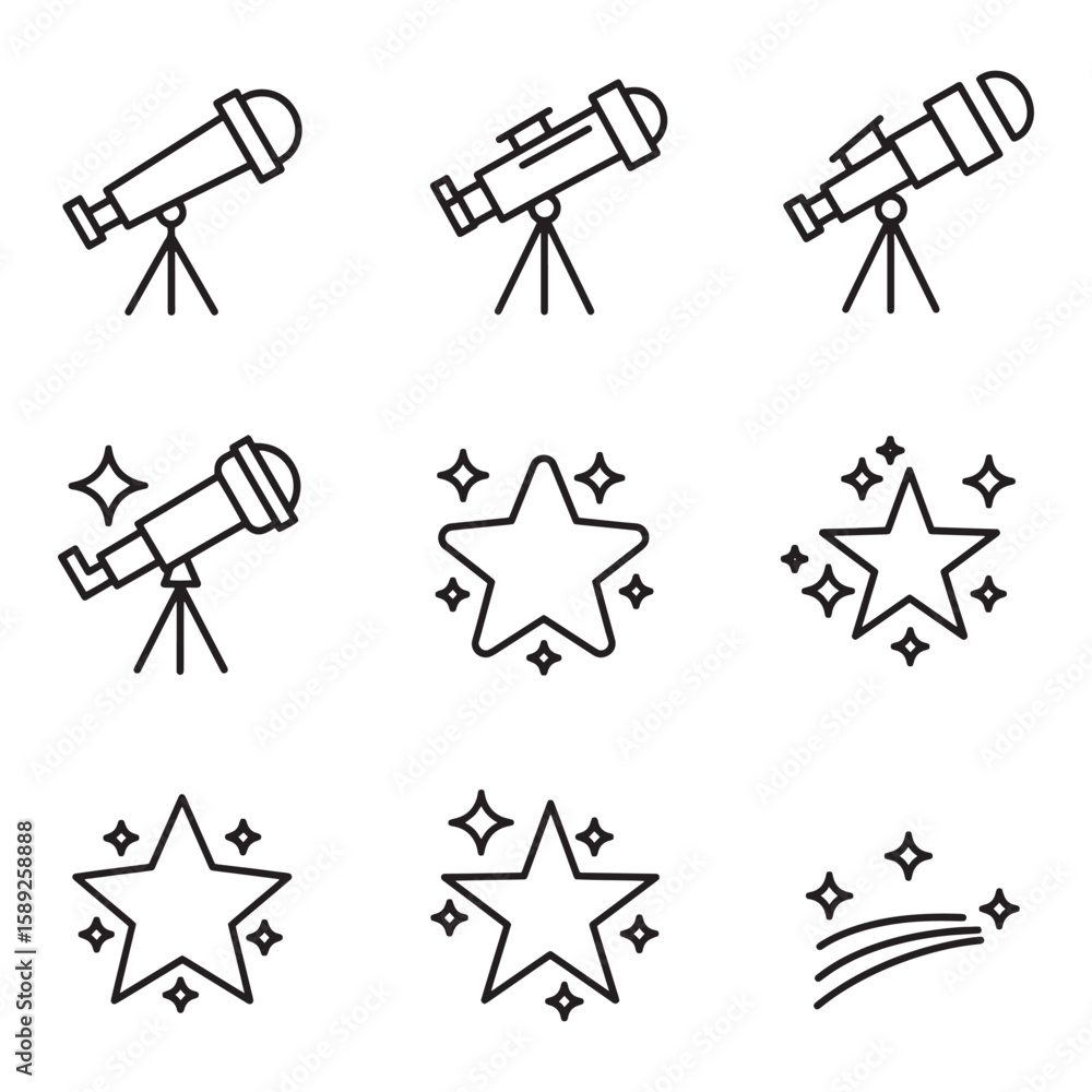 Poster minimalist set of telescopes and stars icons illustrating astronomy concepts and celestial elements