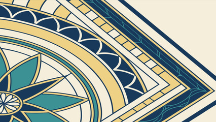 Detailed close up of a geometric floral pattern in teal yellow and navy on a cream colored background