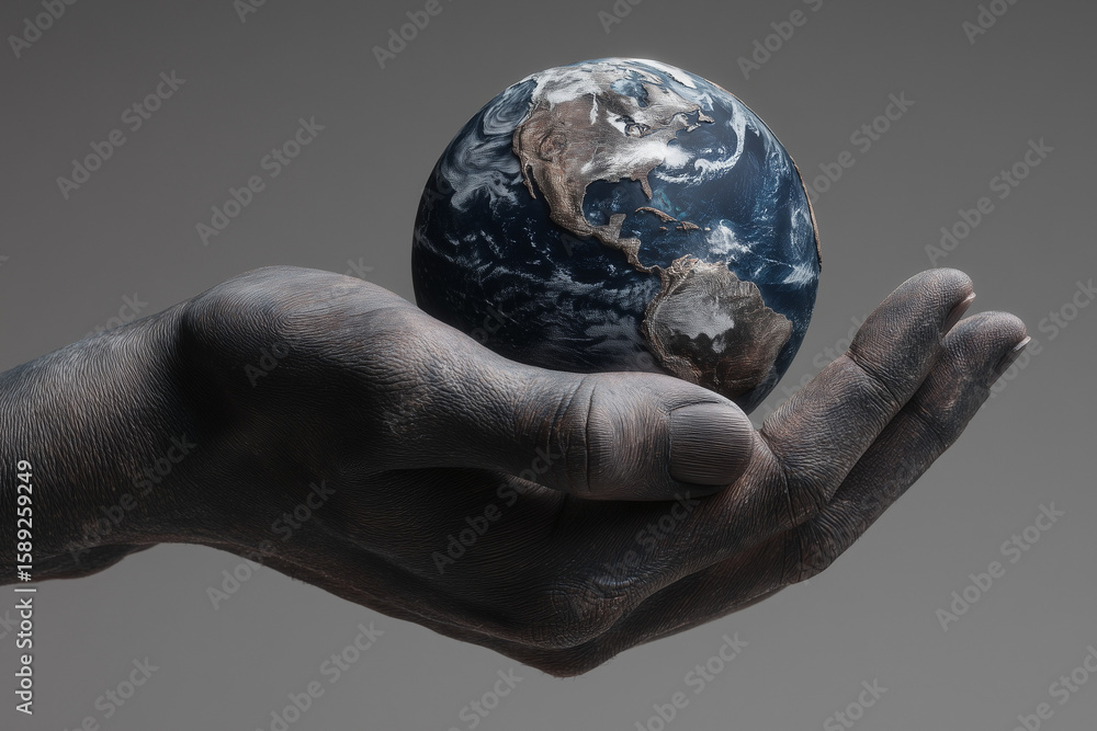 Fototapete a sinlge hand (only) holding the earth forwards towards the camera. finger tips facing the camera. t