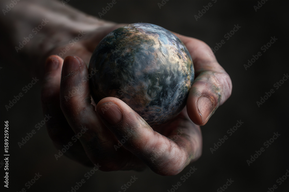 Fototapete a sinlge hand (only) holding the earth forwards towards the camera. finger tips facing the camera. t