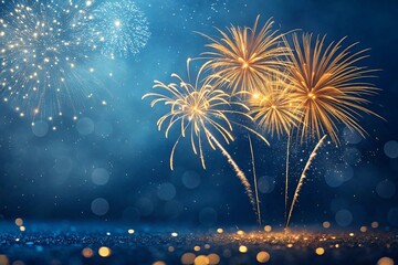 Exploding Golden Fireworks Illuminating the Night Sky with Blurred Bokeh Effects and Sparkly Lights