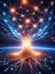 Futuristic depiction of brain network with glowing nodes and light
Surreal neural network with radiant center and branching pathways
