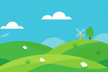 Obraz premium rolling green hills with a distant windmill 