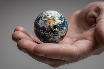 a sinlge hand (only) holding the earth forwards towards the camera. Finger tips facing the camera. The earth is resting in the palm of the hand with the palm facing up