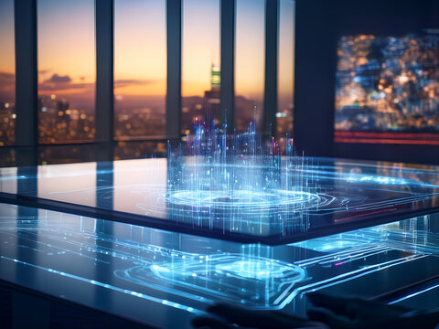 Cyber control center with smart technology and glowing blue environment for data operations
 - Powered by Adobe