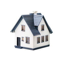 Small white house model, gray roof, simple design