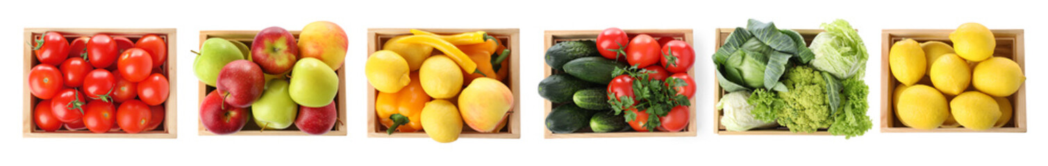 Many fresh ripe fruits and vegetables in wooden crates isolated on white, collage. Top view