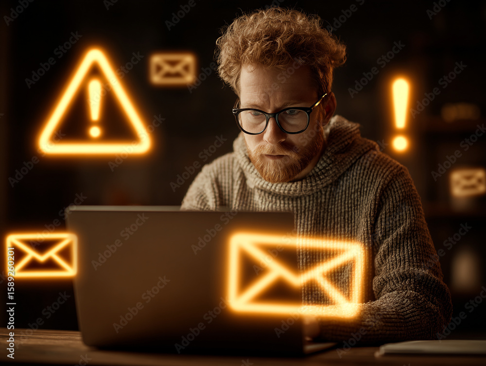 Poster man with glasses using laptop surrounded by glowing email and warning symbols alerts