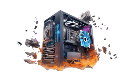 A computer case with fans and internal components surrounded by fire effects