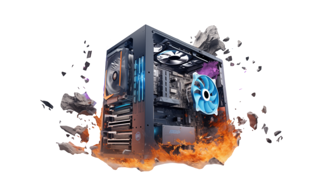 A computer case with fans and internal components surrounded by fire effects