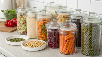 Organized kitchen pantry with assorted dry goods and fresh produce in glass jars
