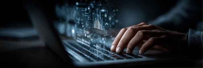 Fototapeta premium A person's hands typing on a laptop keyboard with digital graphics overlaying the screen