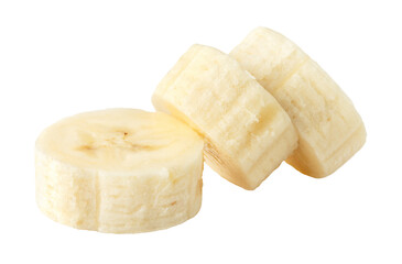 Three slices of banana fruit isolated on white background
