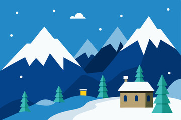 snowy mountain village scene with pine trees 