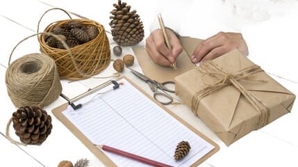 Hands writing on paper next to a gift wrapped with twine and pinecones