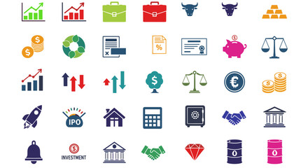 Icon set representing various financial and investment concepts  