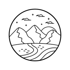 Minimalist mountain landscape with river and birds in circle frame vector illustration 