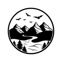 Round mountain landscape emblem with river, flying birds, and textured terrain vector illustration