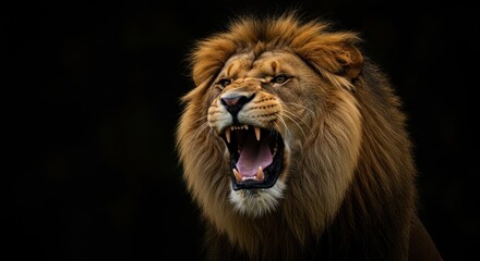 Obraz premium Majestic lion portrait exhibiting raw power and intensity against a dark backdrop