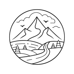 Mountain scenery with river, trees, clouds and birds in circle icon vector illustration 