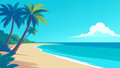 Tropical Paradise Beach Scene Palm Trees Ocean and Sunny Sky.