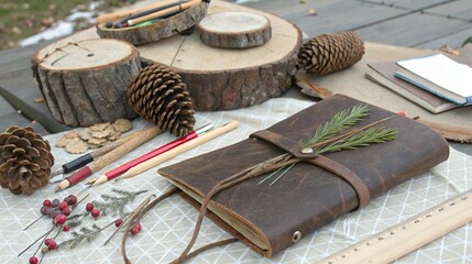 Rustic journaling supplies with pinecones and natural elements on a wooden surface
