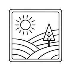 Minimal landscape with tree, sun and fields, nature scene vector illustration 