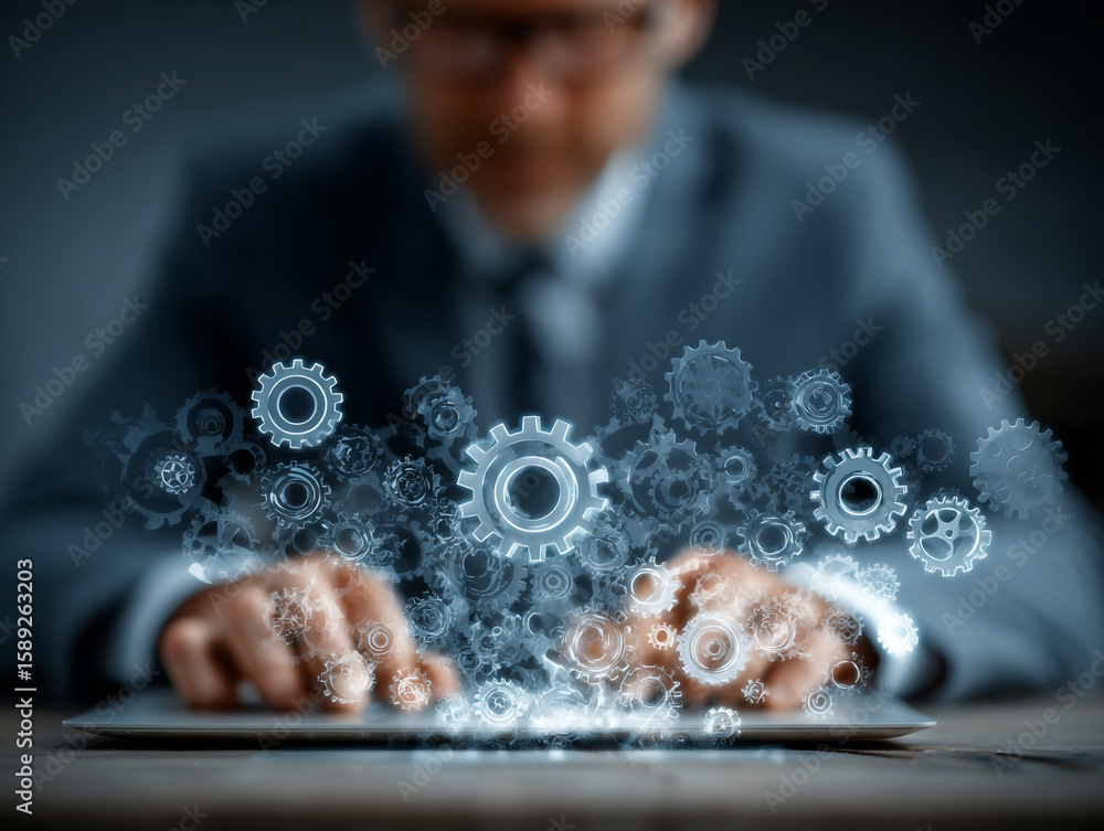 Poster a blurred man in a suit working on a laptop with floating gears and cogs above the keyboard