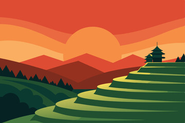 sunset over calm rice terraces in asian countrysid.svg
