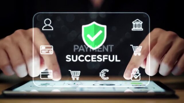 Successful Online Payment on Tablet with Security Shield and Icons for Digital Transactions 164 Characters