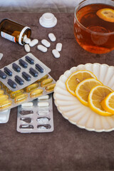 Close-up of Pills on Brown Wooden Nightstand 