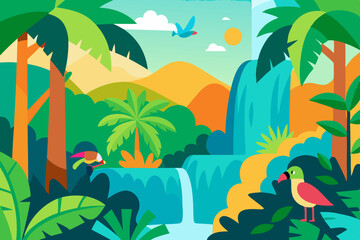 vibrant tropical jungle with exotic birds and wate