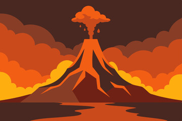 volcanic landscape with lava flow and dark smoke  