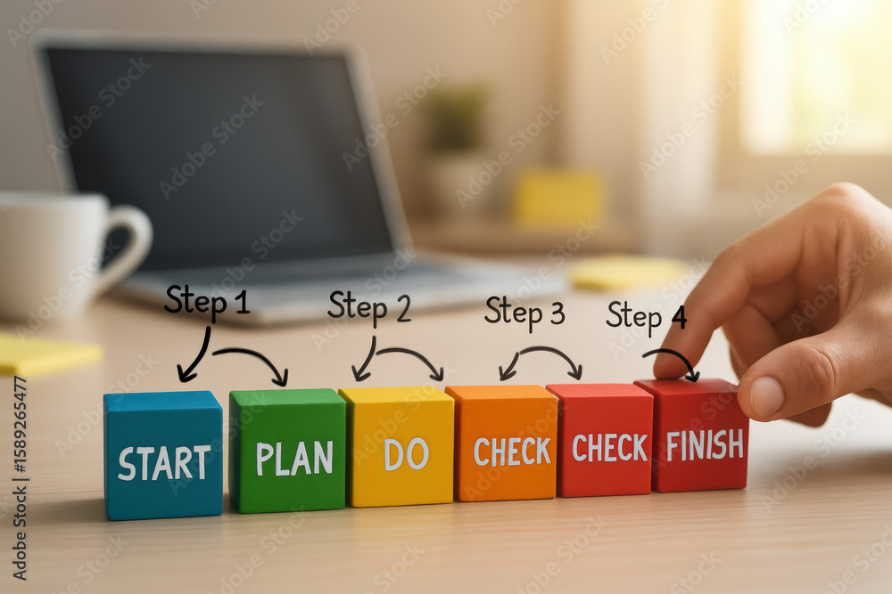 Poster a strategic process is illustrated by arranging colored blocks symbolizing the from initiation throu