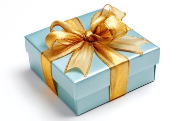 Obraz premium Light blue gift box with golden ribbon and bow