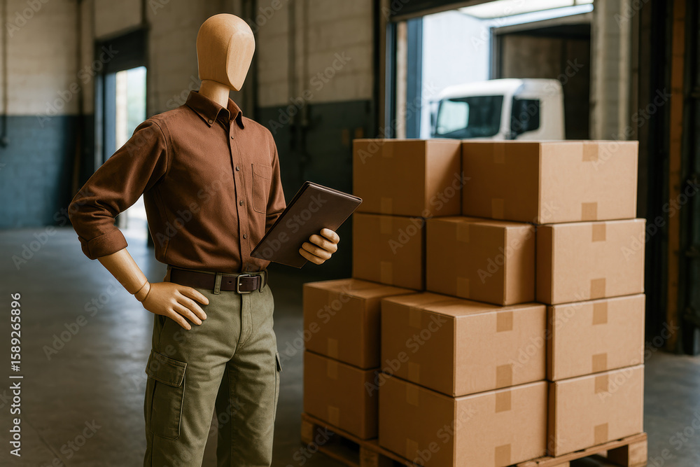 Poster a mannequin in a warehouse symbolizes organization and workflow management while holding a folder to