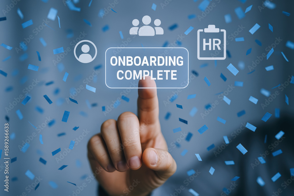 Poster completion employee onboarding triggers digital confirmation and human resource processes symbolizin