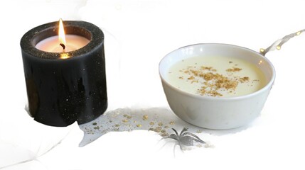 A lit black candle next to a bowl of creamy soup with a spider decoration
