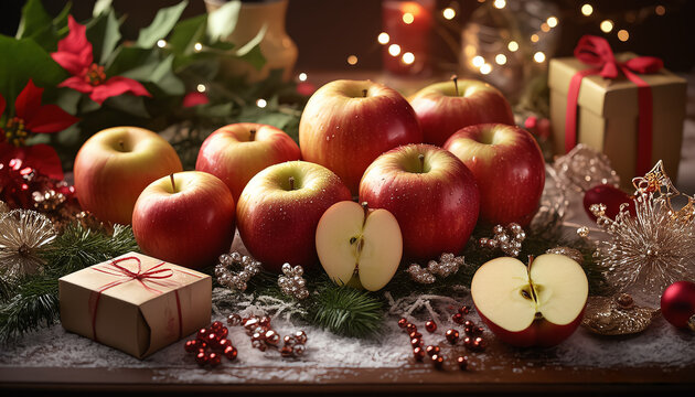Festive flat lay with apples, gifts, and holiday decor - Powered by Adobe