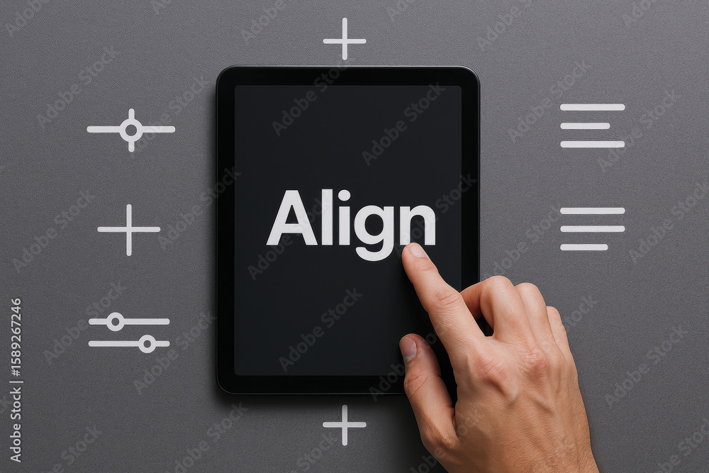Poster a interacting with a tablet screen focused on alignment representing precision and organization in d