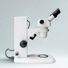Side view of a white stereo microscope, commonly used for low-magnification observation of...