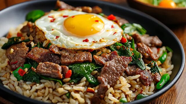 close up Thai dish, fried beef with holy basil and egg, Pad Kra Pao ,  bold, savory, and spicy flavors