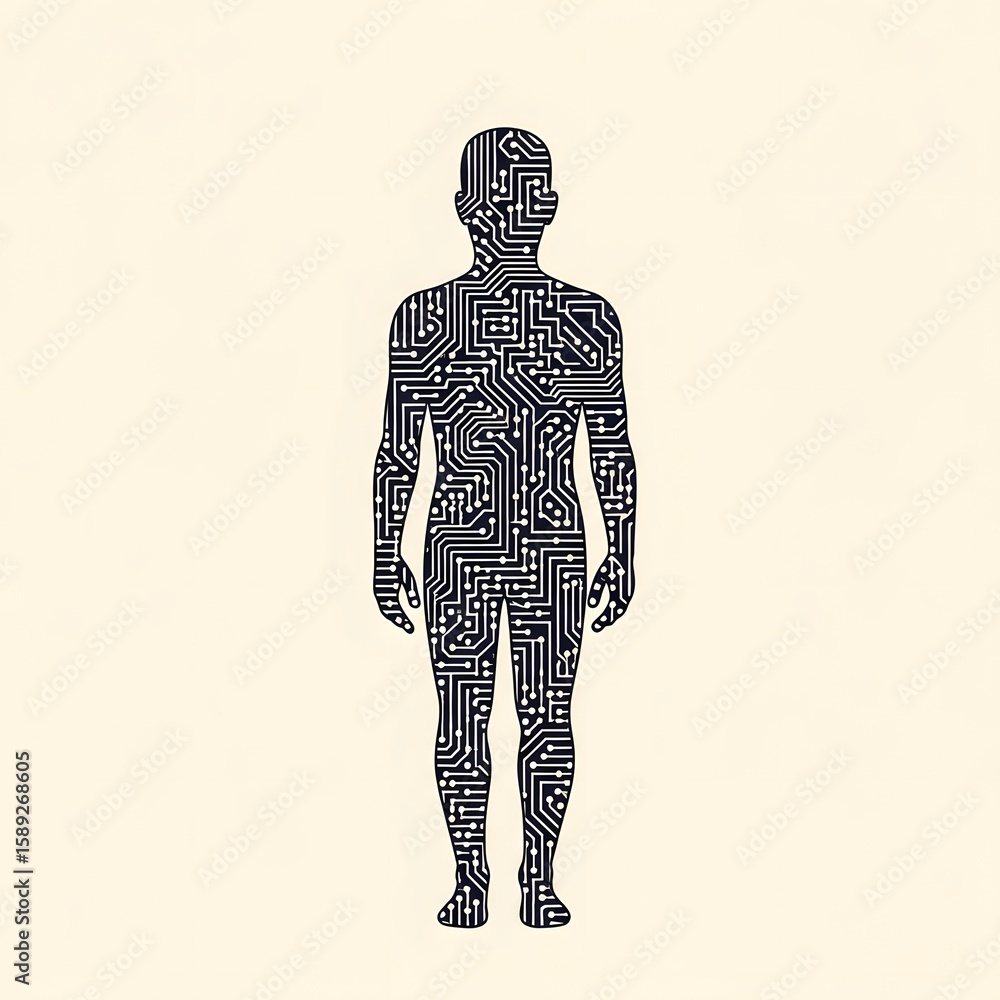 Poster silhouette of a human figure filled with a circuit board pattern, representing technology, artificia