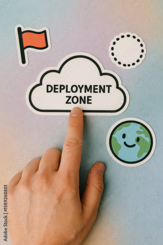 Poster a points to a cloud labeled deployment zone symbolizing digital infrastructure and global connectivi